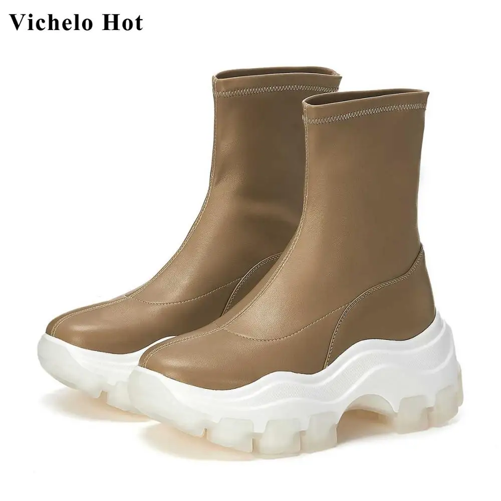 Vichelo хит продаж модные женские простые зимние эластичные ботильоны из бычьей