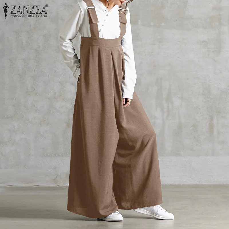 

Streetwear Kaftan ZANZEA Stylish Women Wide Leg Rompers Spring High Waist Solid Loose Overalls Summer Playsuits Femme Jumpsuits