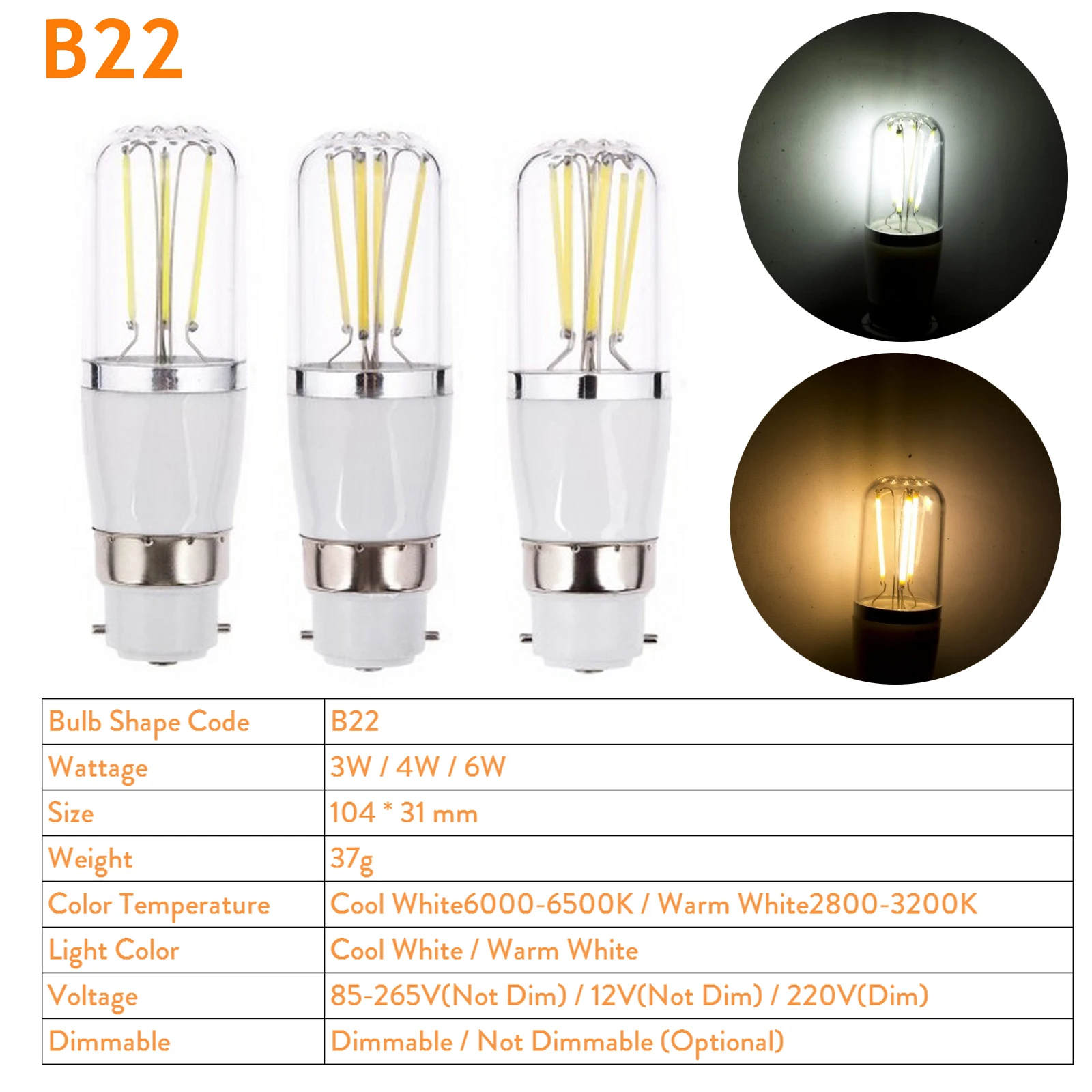 Диммируемая штыковая Светодиодная лампа B22 3 Вт 4 6 COB LED S 220 в 240 В постоянного тока 12