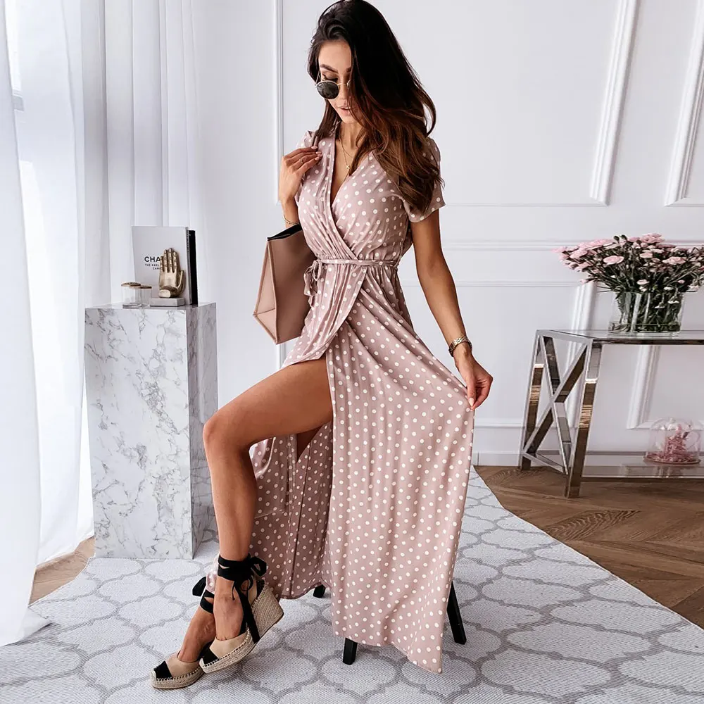 Женское длинное платье в горошек летнее Повседневное стиле бохо с v образным