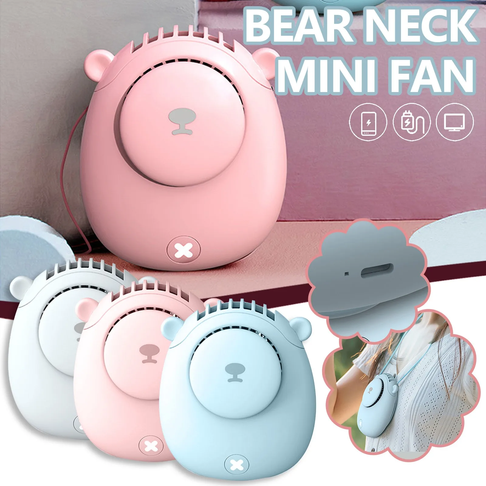 

Usb Charging Portable Neck Fan Cute Bear Outdoor Travel Handheld Can Be Waist-hung Small Fan Adjustable 2 Speed Minifan#g41