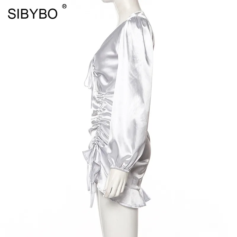 SIBYBO оборками плиссированная полая из вечерние платье Для женщин с длинным рукавом, v-образный вырез, сексуальное мини-платье ассиметричного кроя женские Повседневное платья
