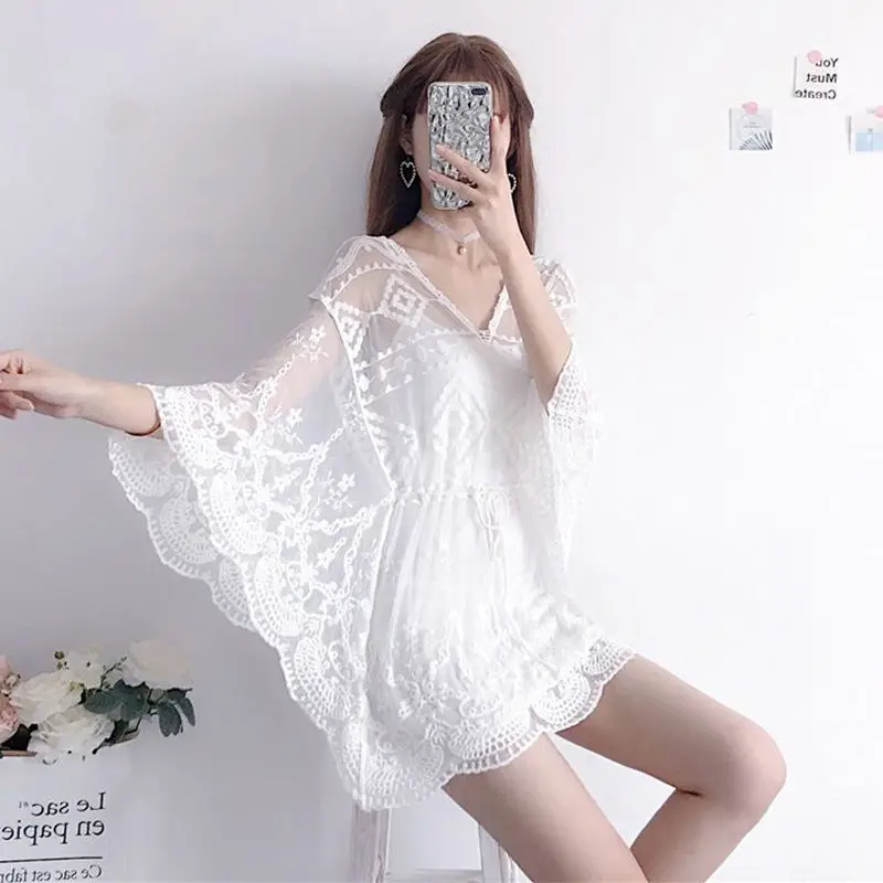 

Women's Sun Protection Clothing White Hollow Out Bat Sleeve Flared Sleeves Ladies Jacket Lace Hollow Out Loose Female Jacket Top