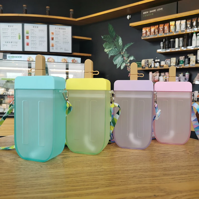 

Water Bottle With Straw Cute Sweet Ice Cream Creative Plastic Water Bottles Portable Popsicle Cup Kids Water Bottle With Strap