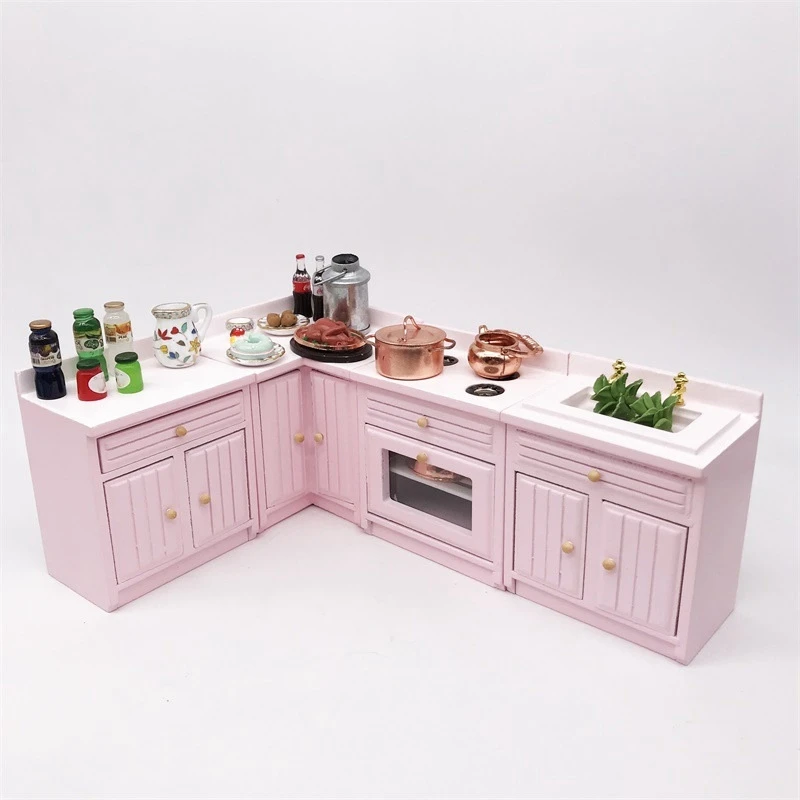 

2 Set Dollhouse Decoration Accessories: 1 Set Wooden Kitchen Cabinet Set Pink & 1 Set Simulation Miniature Furniture