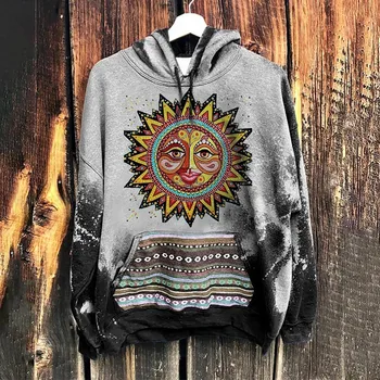 Sun Print Hoodie Women Sweatshirts Aesthetic Ethnic Casual Long Sleeve Pullover Hooded Tops Hippies Streetwear Female Jumper Top 1