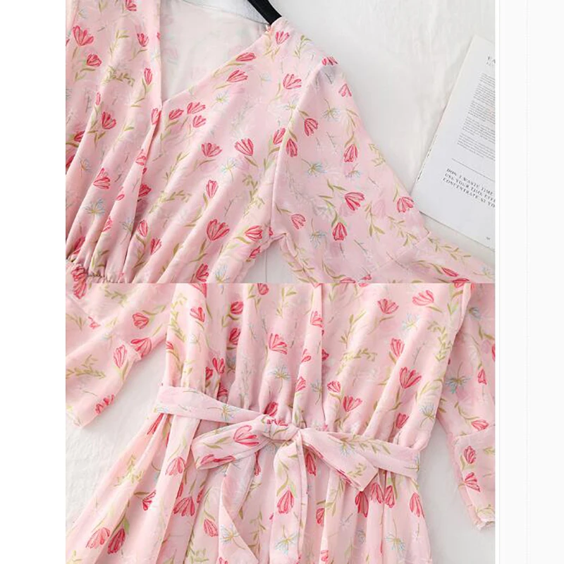 

Boho 2021 Floral Print Summer Dress Lotus Sleeve V-neck Midi Long Chiffon Dress Women Casual Elegant Beach Holiday Dresses