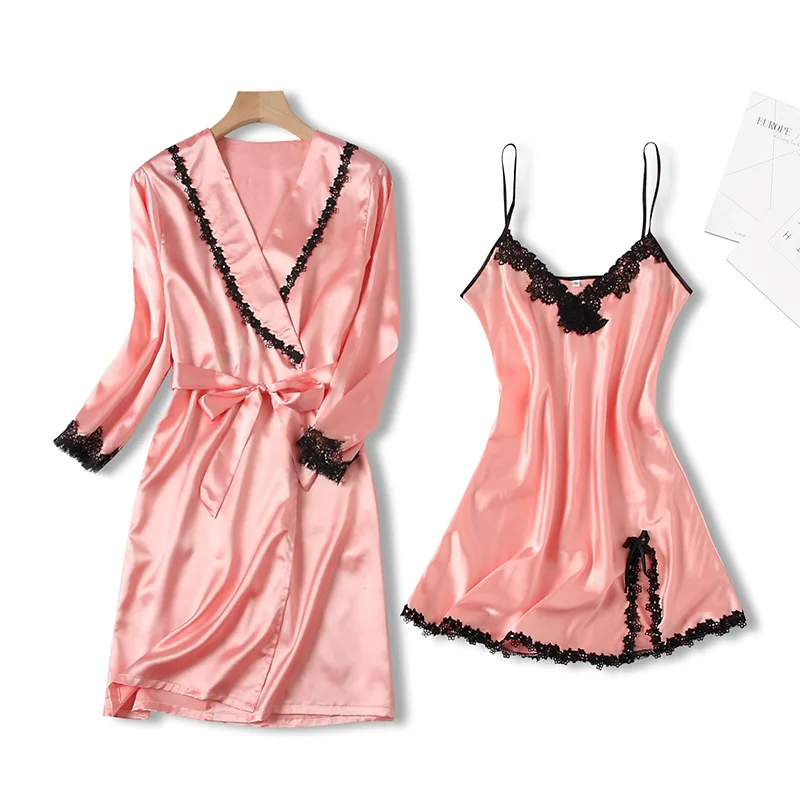 Summer New Sexy Silk Sling Gowns Robe Suit Comfortable Thin Bathrobe Morning Gown Lace Nightwear Home Wear Sexy Sleepwear
