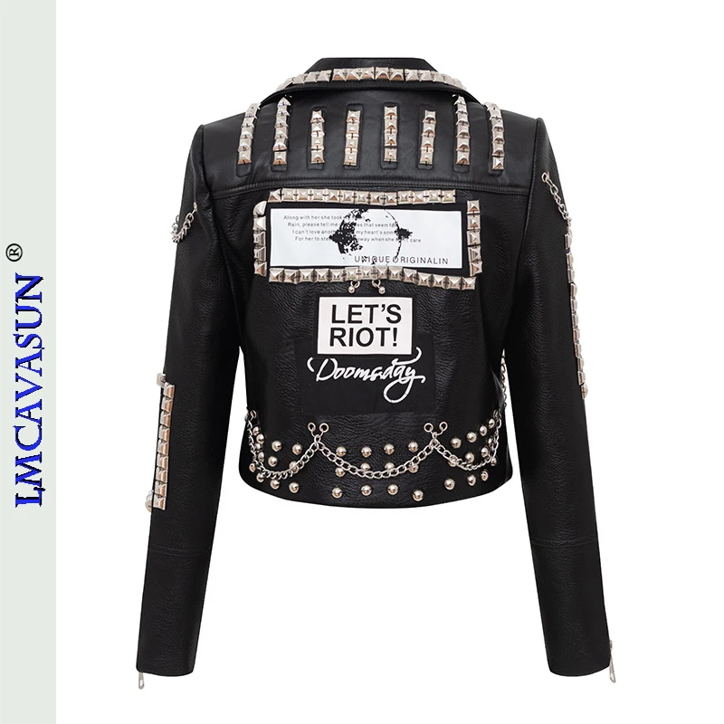 Модная брендовая кожаная женская куртка с цепочками в стиле панк-рок