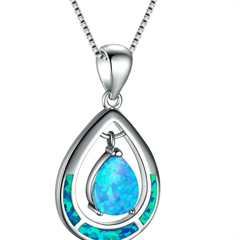 

High Quality Water Drop Simulated Opal Silver Pendant Necklace Jewelry