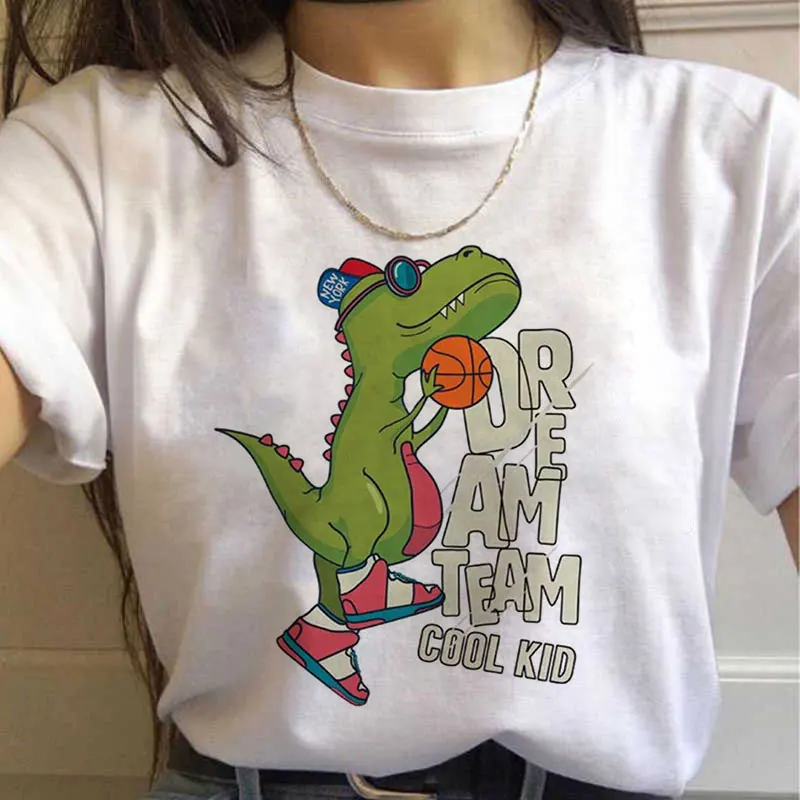 Женская футболка с принтом динозавра белая графическим в стиле Харадзюку летняя