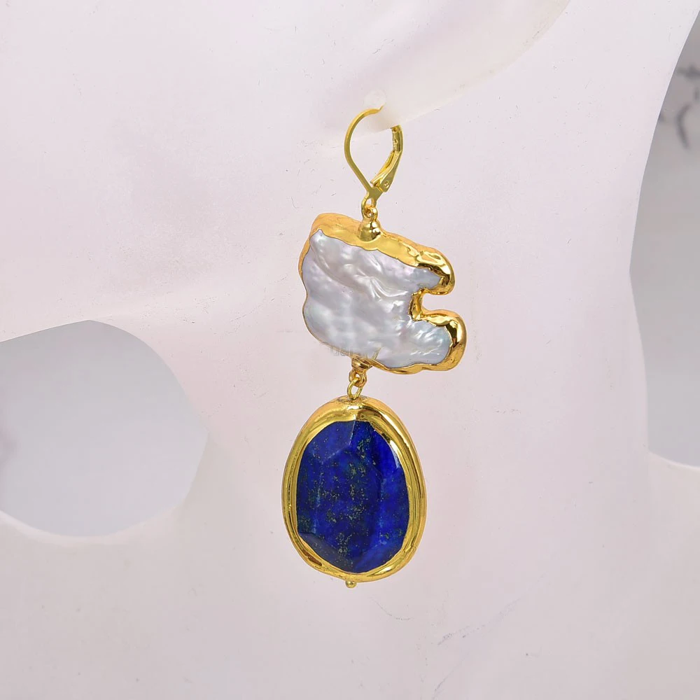 

Cultured White Keshi Pearl Blue Lapis With Gold Plated Lever Back Earrings
