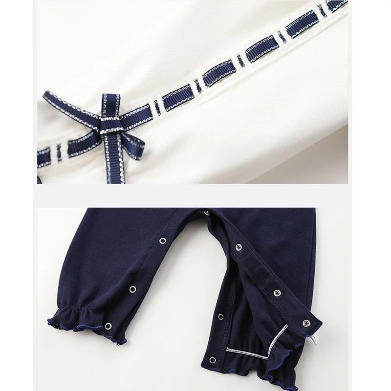 

Spring and Autumn New Infant Dark Blue Casual Long Sleeve Round Neck Bodysuit 0-24M Baby Girls Soft and Breathable Outing Romper