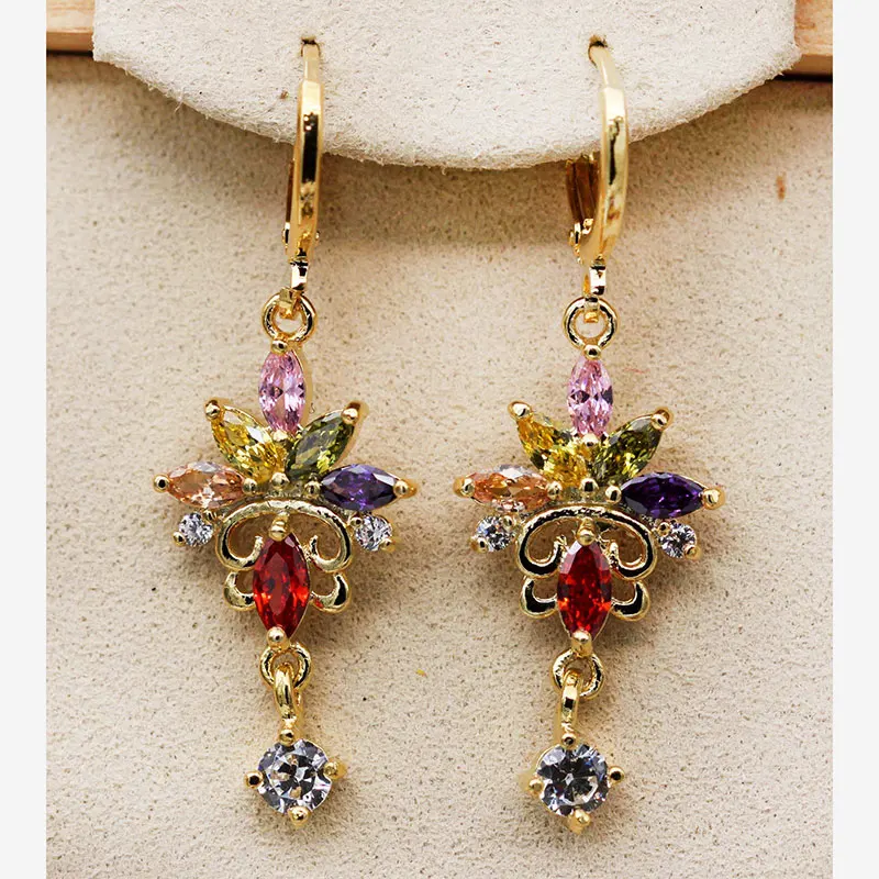 Indian Jewelry Women Dangle Earrings Vocation Bohemia Style Multiple-color Zircon Flower Gold OBS1123 | Украшения и аксессуары