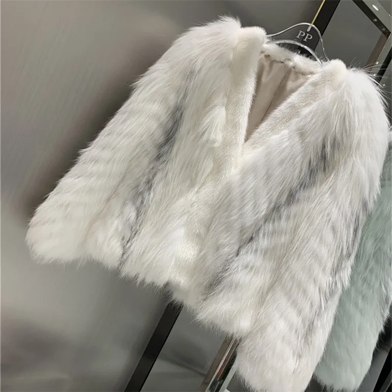New Brand Winter Natural Silver Fox Fur Coat Real Mink Fur Collar Womens Fox Jackets