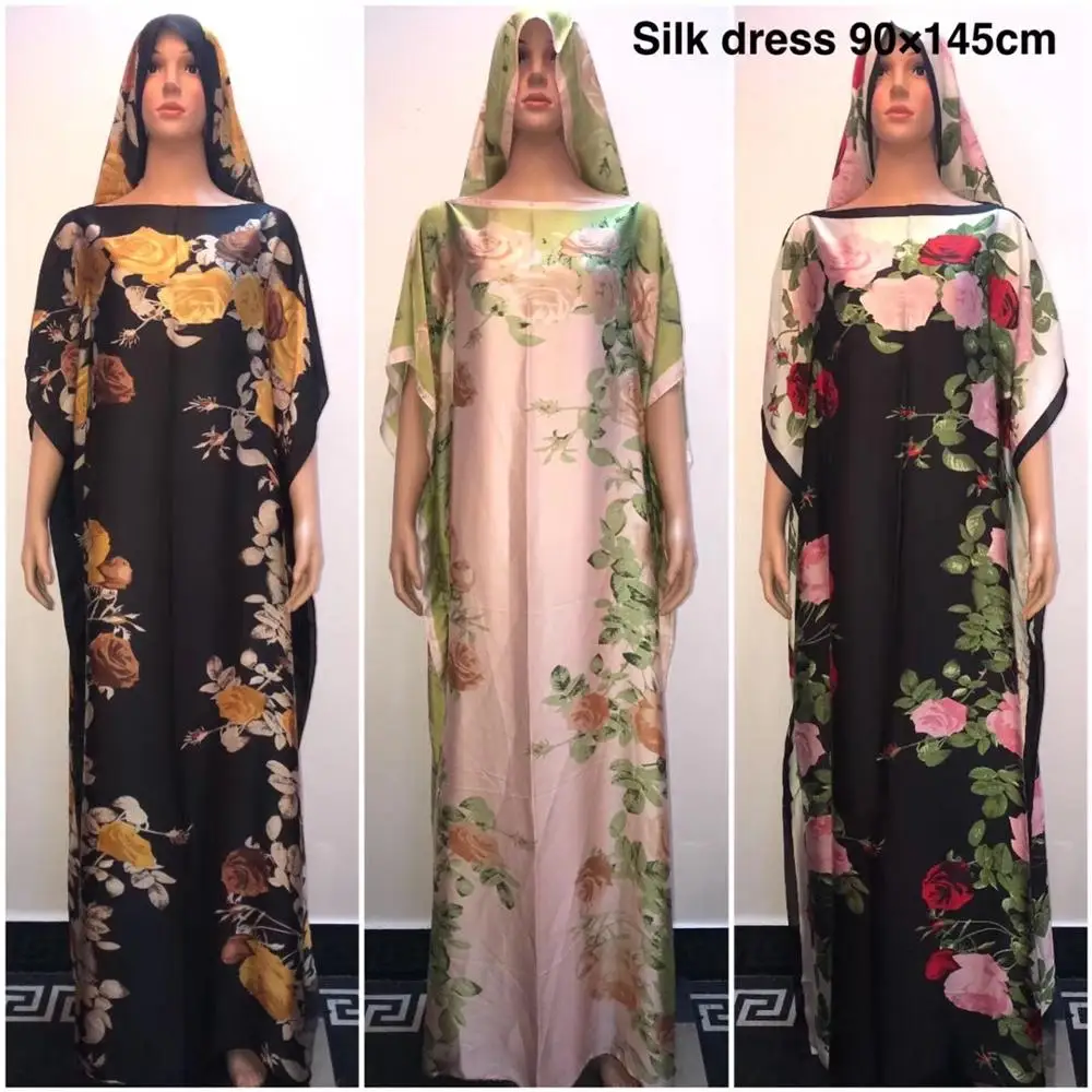 

New Elegant European printed silk dresses free size KAftan women dresss match scarf African dresses for women