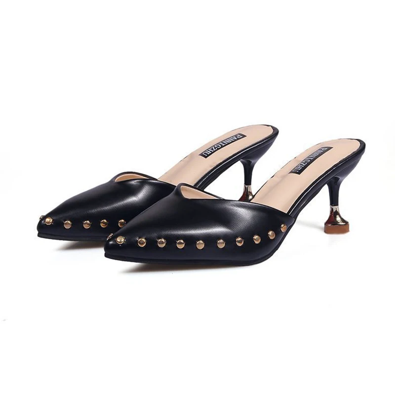 

High Heels Slippers Women Shoes Rivet Solid Summer Sandals For Female Lady Girl Simple Casual High Street Pointed Toe Slip-On