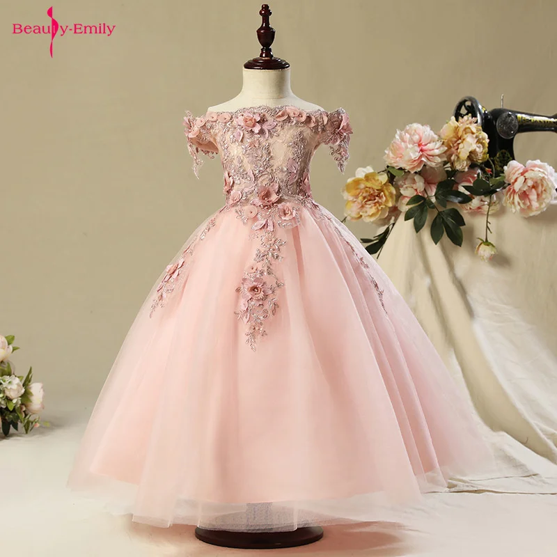 

Beauty Emily Boat Neck Princess Child Dresses For Wedding Party Pink Lace Beads Floral Girl Dress Tulle Luxurious pageant dress