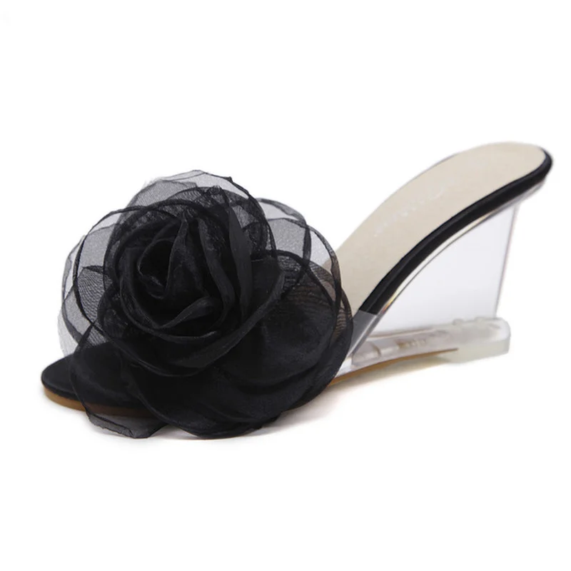 

new New Summer Women Slippers PVC Transparent Open Toe Women Flowers Shoes Women High Heels Wedges Sandals Female Jelly Shoes