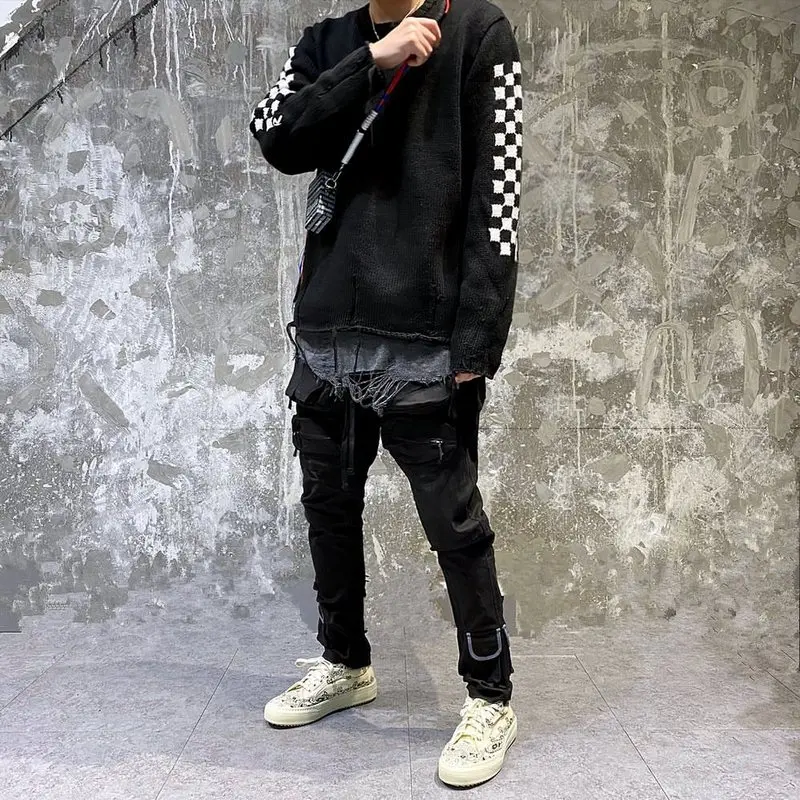 

Winter 2021 RHUDE Vintage Hound's-tooth Tassels Sweater Hiphop Oversize High Street Pullovers Men Women Couple Sweater