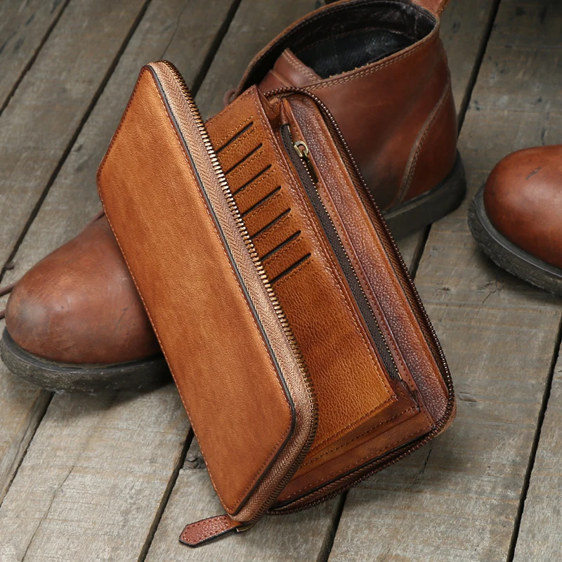 Длинный кошелек мужской из натуральной кожи на молнии с зажимом для денег