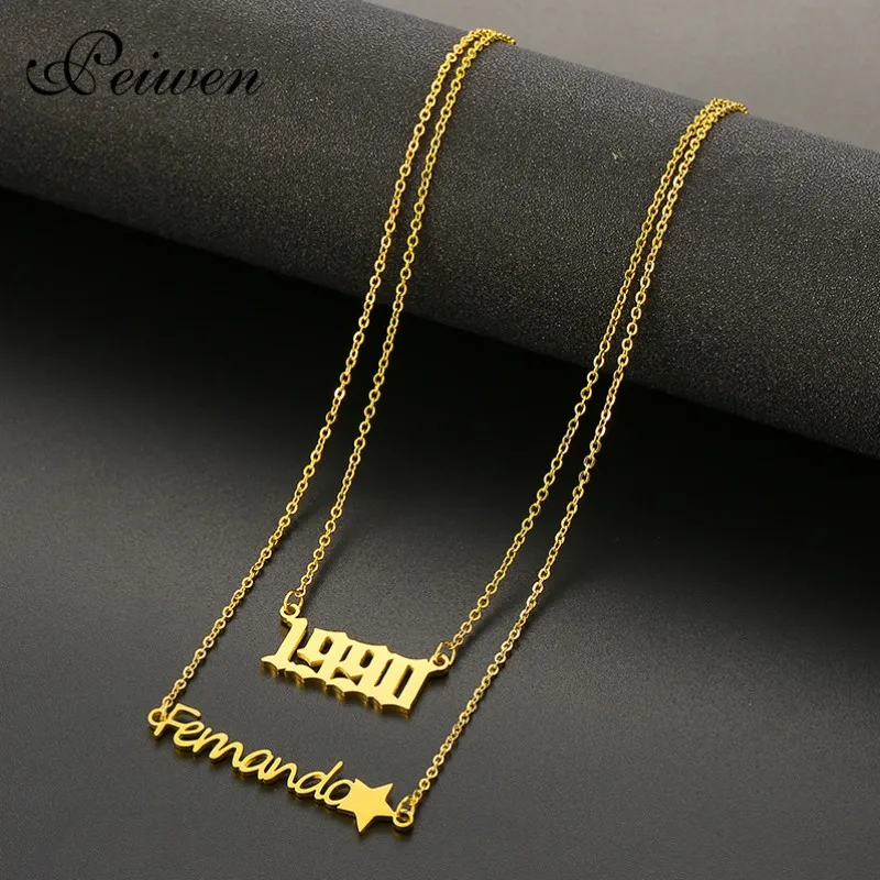 

Personalized Custom Name Necklace Custom Year Number Stainless Steel 2 Layered Name Date Charm Choker Necklaces Birthday Gift