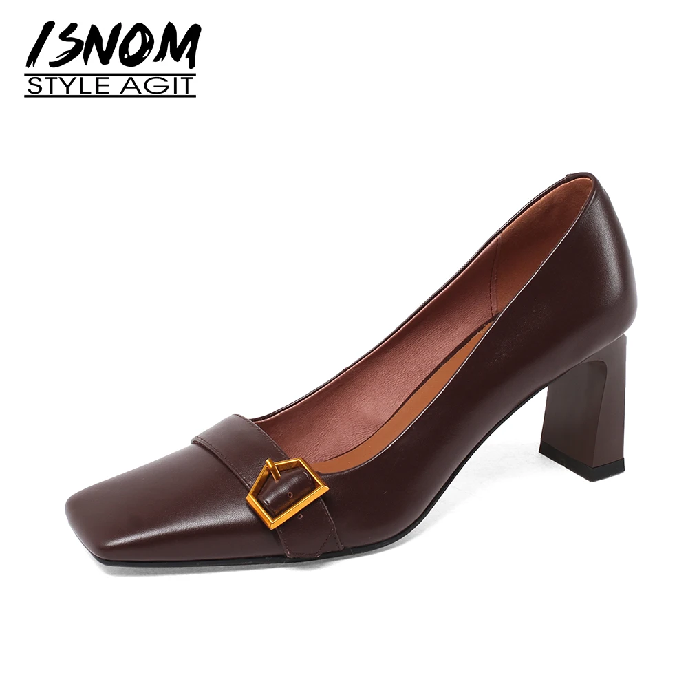 

ISNOM Women's Genuine Leather Pumps Square Toe Spring Buckle Shallow Party Wedding Shoes Thick Heels Retro Elegant Shoes 2021