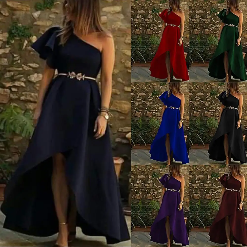 

Women Short Sleeve Slant Collar Off Shoulder Large Irregular Hem Maxi Dress