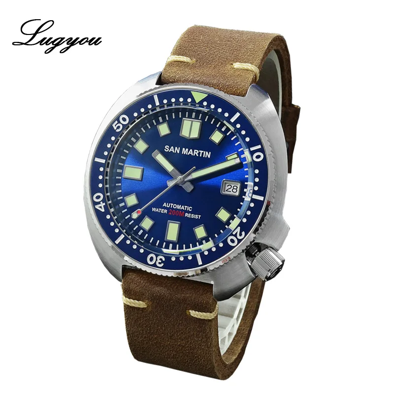 Blue Lugyou Сан Мартин черепаха Diver Мужские часы из нержавеющей стали механический керамический вращающийся ободок 20 бар сапфировый Кристалл кожаный ремешок - Цвет: Blue