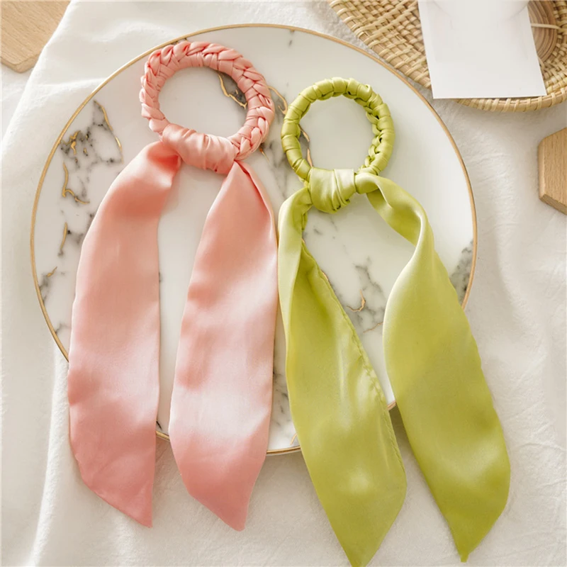 Модный однотонный атласный шарф для волос с бантом женские эластичные резинки