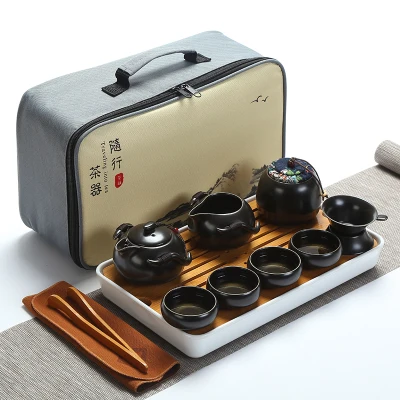 Качественный дорожный чайный набор кунг-фу чайник чашки gaiwan infuser chahai портативная коробка cozies деревянный бамбуковый поднос китайский чайный церемониальный набор - Цвет: SET 5