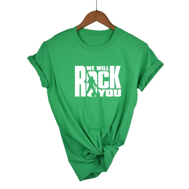 Green-W We Will Rock You Женская Футболка Летний стиль королева рок группа футболка короткий рукав хлопок рок-ролл женские топы - Цвет: Green-W