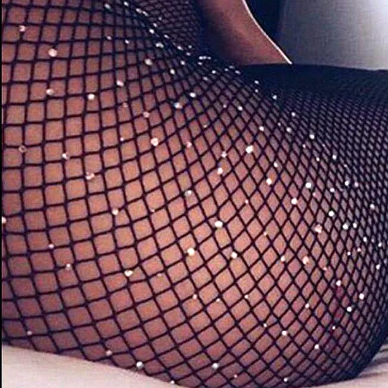 Женская высокая талия со стразами модные колготки в сеточку с украшением виде