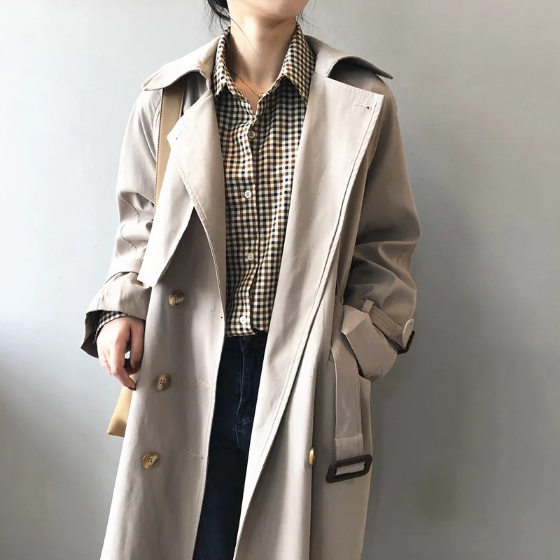 

Женское двубортное пальто с отложным воротником, осенне-зимний Повседневный тренчкот, Длинная Верхняя одежда YANS002