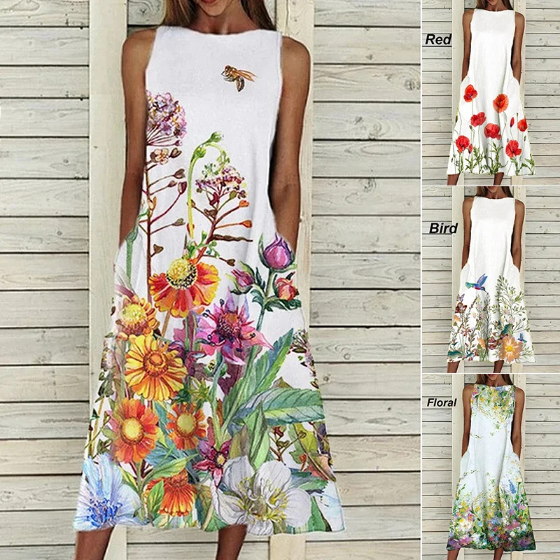 

New Fashion Summer Women Print Elegant Dress Spring Large Big Flower Printed Boho Casual Party Dresses