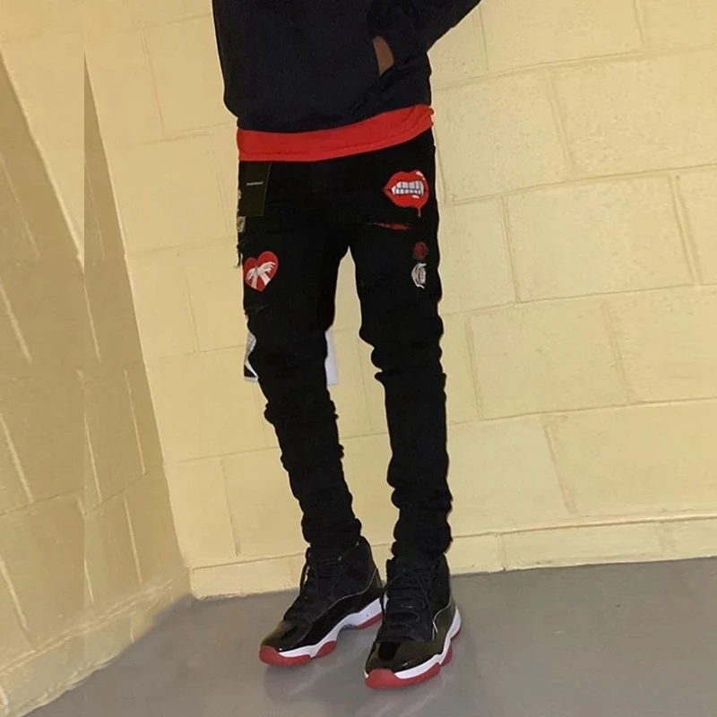 Мужские черные байкерские брюки высокого качества универсальная уличная одежда