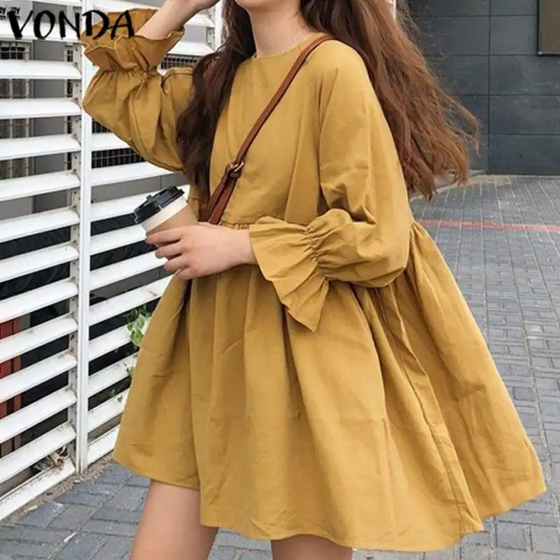 Женское мини-платье VONDA с круглым вырезом и длинным Расклешенным рукавом