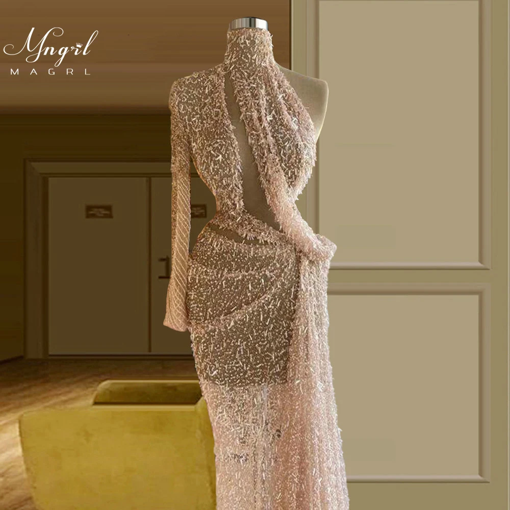 

MNGRL Luxury Evening Dress One-shoulder Long Sleeves Hand-applied Diamonds Glittering 2021 New Evening Dress Party Dress