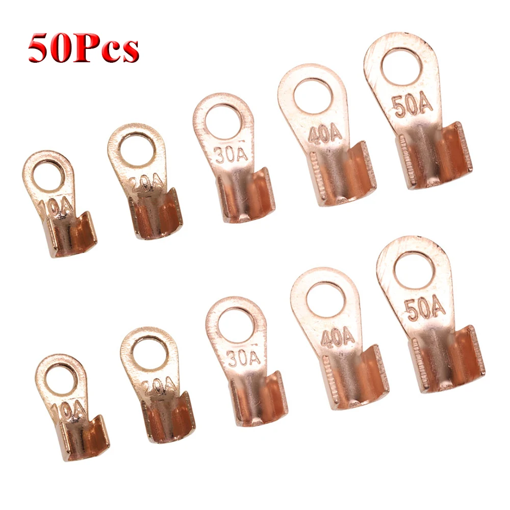 

50pcs Naked Battery Cable Connector OT-10A 20A 30A 40A 50A Dia Red Copper Circular Splice Ring Terminal Wire Lugs Terminals