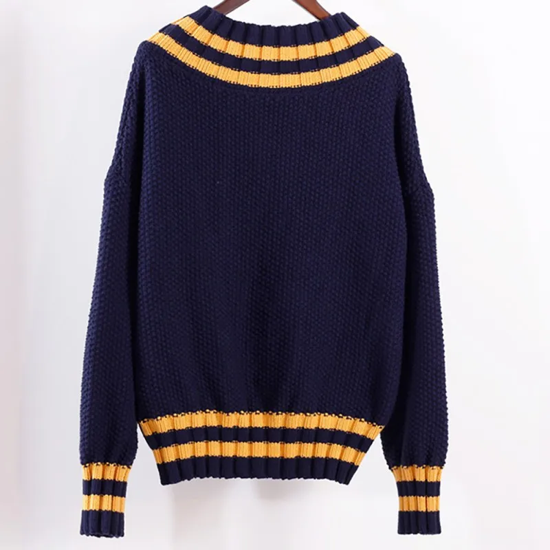 

Female Striped Loose Sweater Womens Casual Long Sleeve V-Neck Pullovers Autumn Winter Warm Knitted Sweaters