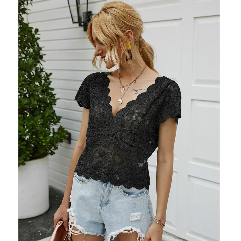 

V-Neck Short Sleeve Lace Shirt Sexy Hook Flower Hollow Short Slim Fit Blouses High Quality Women Tops 2021 New Summer Fashion