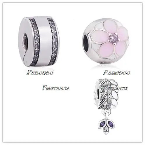 

925 Sterling Silver Charm Enamel Magnolia Bloom Fixed Clip Lock Stopper Beads Fit Pandora Bracelet & Necklace Jewelry