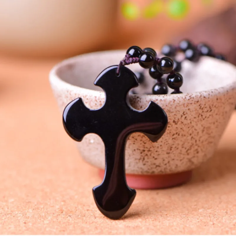 Натуральный черный обсидиан крест кулон бусы ожерелье модное очарование