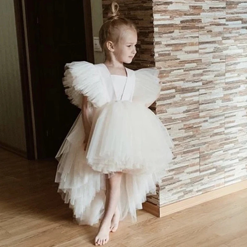 

REAL Ivory Pleat Tulle Princess Flower Girl Dresses High Low Birthday Pageant Robe De Demoiselle Communion Wedding Party Gown