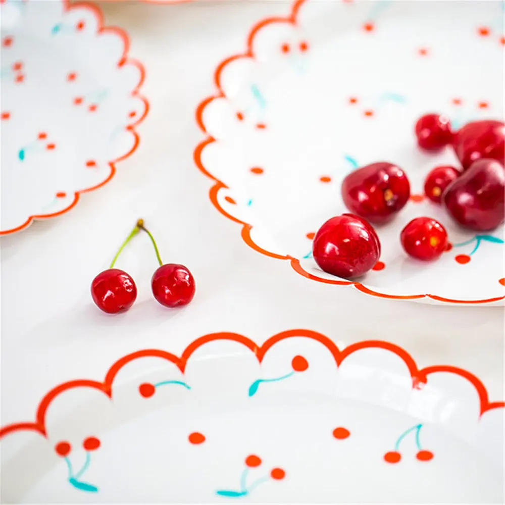 Fruit cherry printed plate lace paper tray family party tableware birthday summer fresh round | Дом и сад