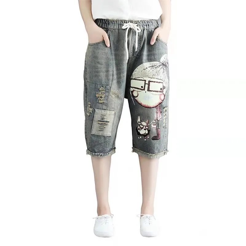 

New Arrival Summer Korean Style Women Loose Casual Elastic Waist Harem Pants Vintga Print Hole Design Cotton Denim Jeans
