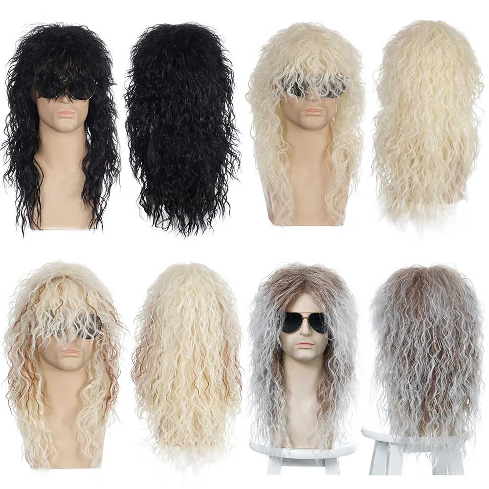 

FGY мужские длинные вьющиеся волосы Хэллоуин косплей синтетический парик черный Золотой Коричневый Серебряный Белый Панк Металлический рок диско-стиль