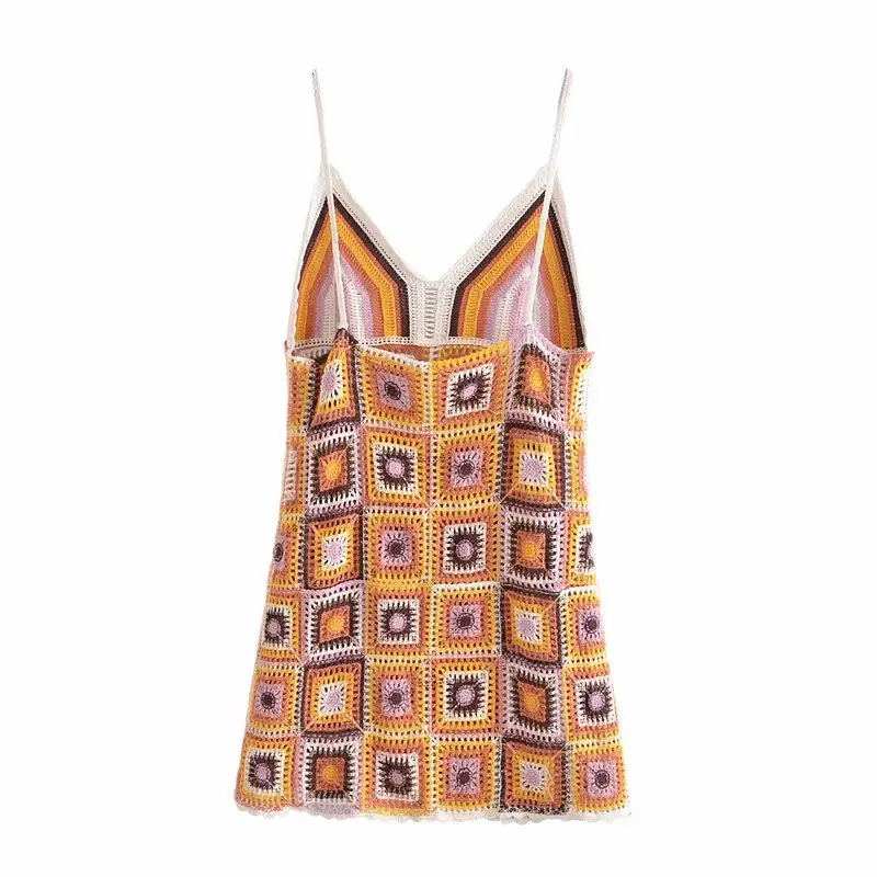 

Za Summer Knitting Print Mini Dress Women 2021 Spaghetti Straps Backless Dresses Vintage Chic V-neck Feminine Sexy Party Dress