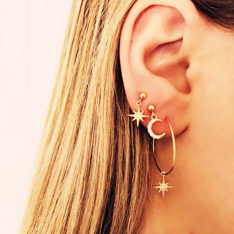 

Hot New Classic Star Moon Earrings Women Gold Sun Moon Star Crystal Gem Earrings Girl Party Earrings Set