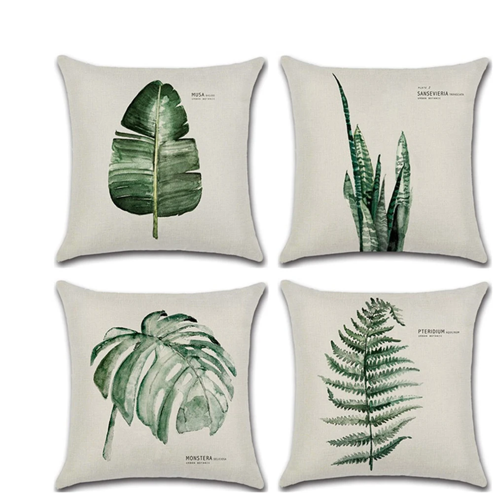 

Plant Cushion Cover Green Leaves Pillow Covers Linen Pillow Case for Sofa Home Decor Car Pillowcase 45x45cm